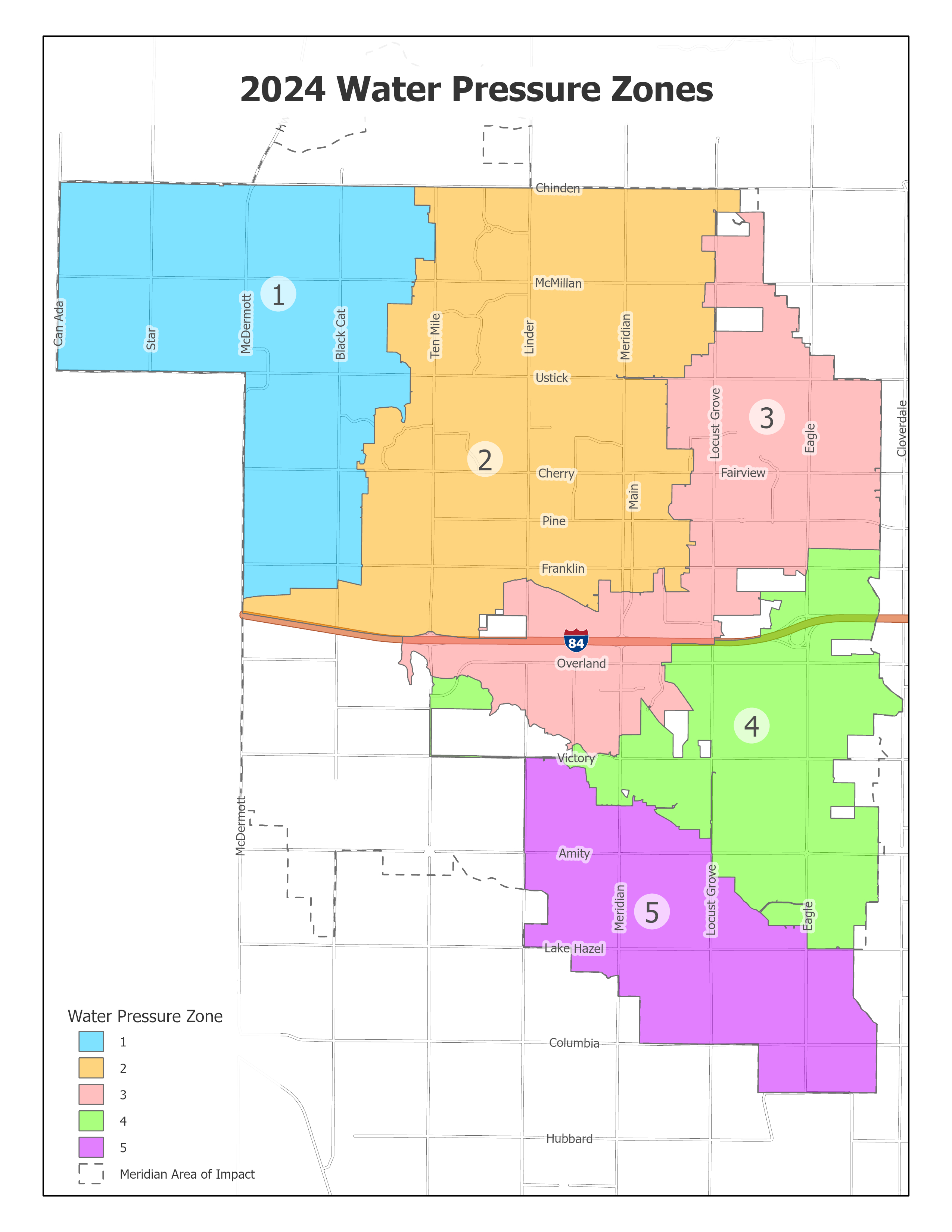 2024 Water Pressure Zones Map showing the five water zones in Meridian. Light blue represents Zone 1, yellow is Zone 2, pink is Zone 3, green is Zone 4, and purple is Zone 5. A dotted line marks the area of impact.